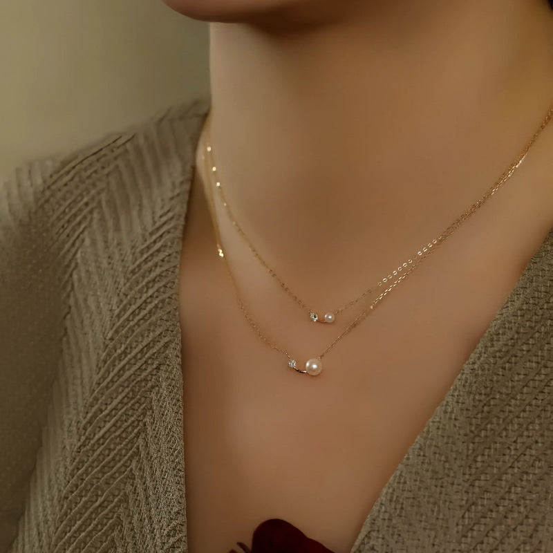 S925 Sterling Silver Plated 14K Gold Pearl Shell Bead Single Diamond Necklace