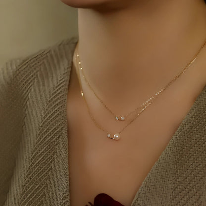 S925 Sterling Silver Plated 14K Gold Pearl Shell Bead Single Diamond Necklace