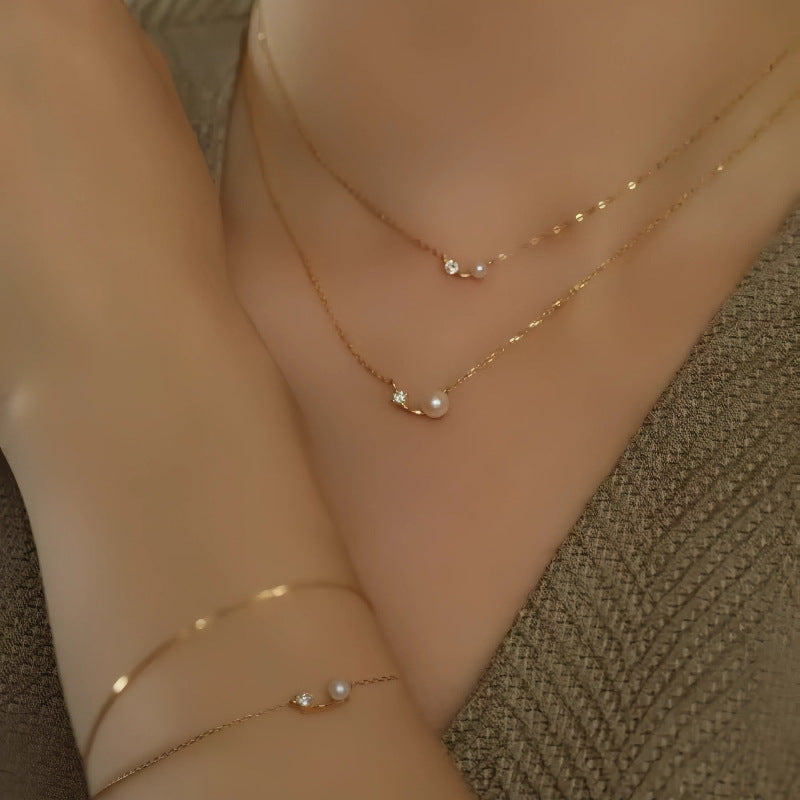 S925 Sterling Silver Plated 14K Gold Pearl Shell Bead Single Diamond Necklace